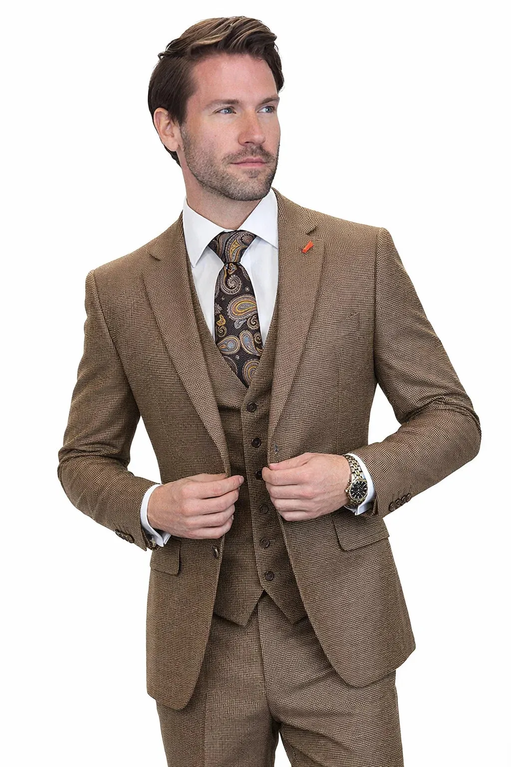 Men’s Copper Brown Micro Plaid Wool Suit – Designer Vintage Style with Vest sold by Alberto Nardoni product image thumbnail 5