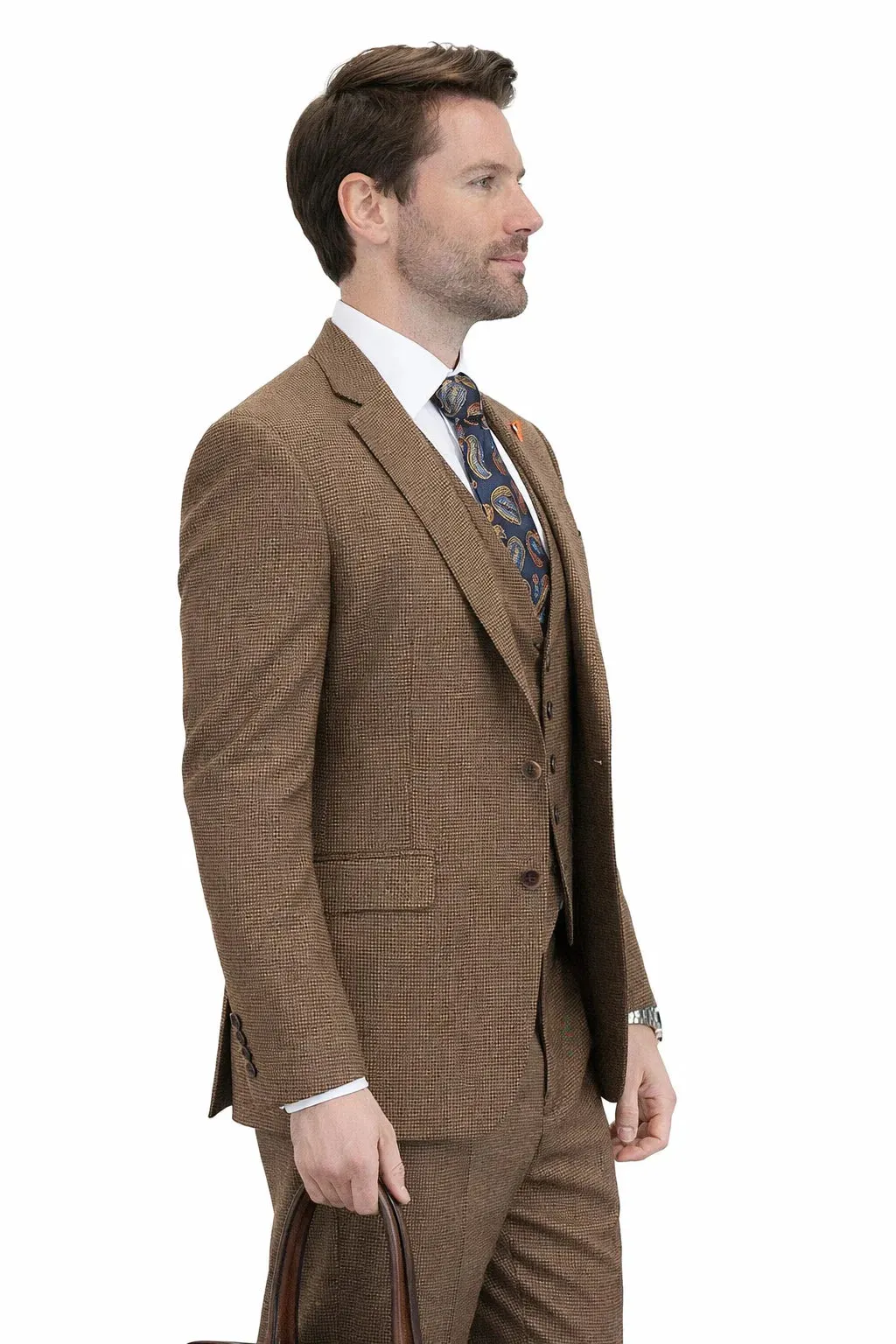Men’s Copper Brown Micro Plaid Wool Suit – Designer Vintage Style with Vest sold by Alberto Nardoni product image thumbnail 3