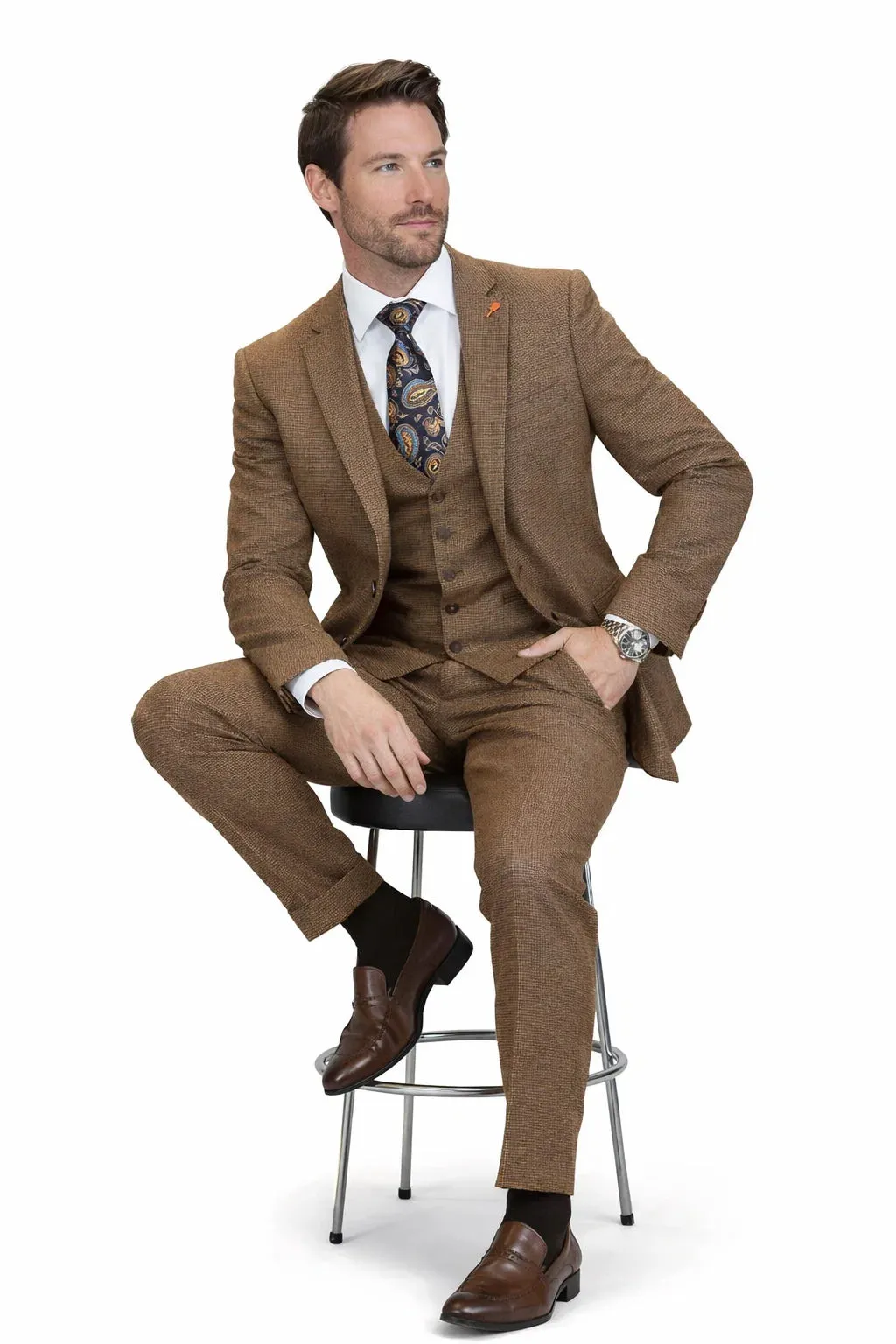 Men’s Copper Brown Micro Plaid Wool Suit – Designer Vintage Style with Vest sold by Alberto Nardoni product image thumbnail 4