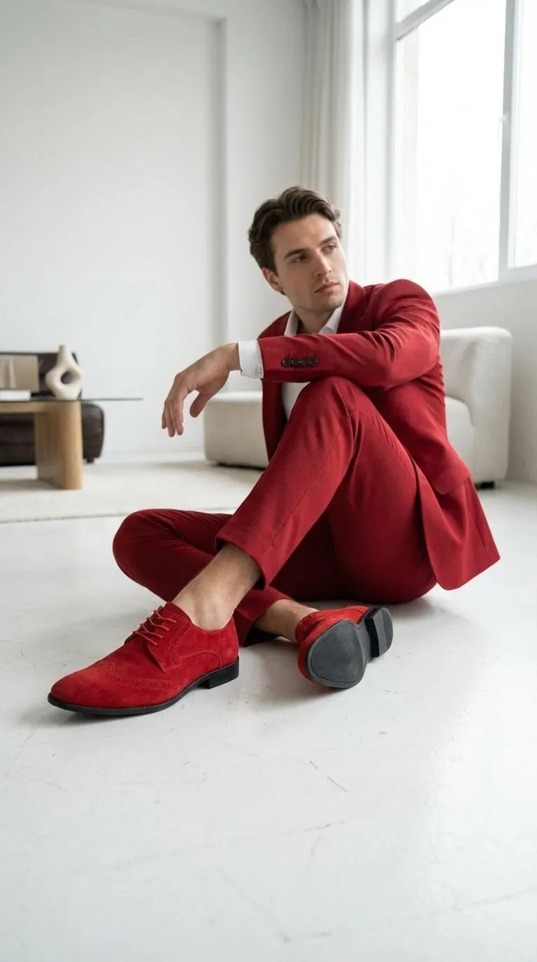Men’s Red Suede Tuxedo Dress Shoes | Formal Lace-Up Wingtip Shoes for Wedding, Prom & Party - Velvet Shoe sold by Alberto Nardoni product image thumbnail 3