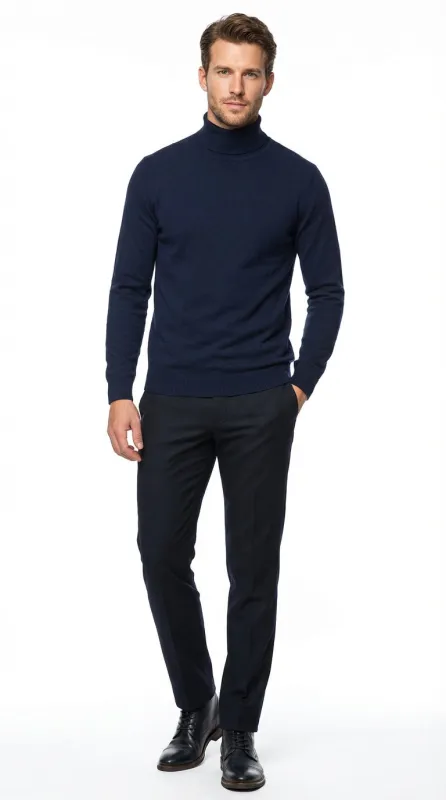 Men’s Navy Blue Turtleneck Sweater Pullover | Cotton Blend Long Sleeve Knit Top for Casual & Smart Wear made by Alberto Nardoni