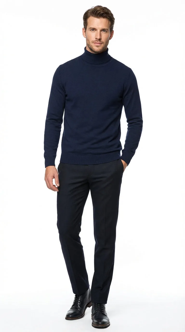 Men’s Navy Blue Turtleneck Sweater Pullover | Cotton Blend Long Sleeve Knit Top for Casual & Smart Wear sold by Alberto Nardoni
