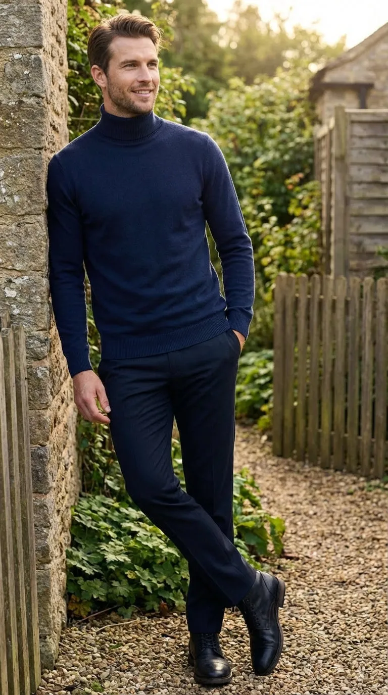 Men’s Navy Blue Turtleneck Sweater Pullover | Cotton Blend Long Sleeve Knit Top for Casual & Smart Wear sold by Alberto Nardoni product image thumbnail 5