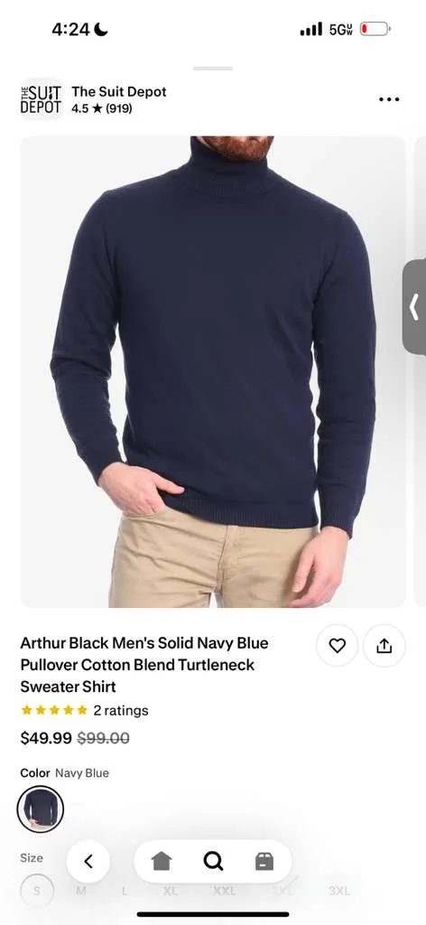Men’s Navy Blue Turtleneck Sweater Pullover | Cotton Blend Long Sleeve Knit Top for Casual & Smart Wear sold by Alberto Nardoni product image thumbnail 2