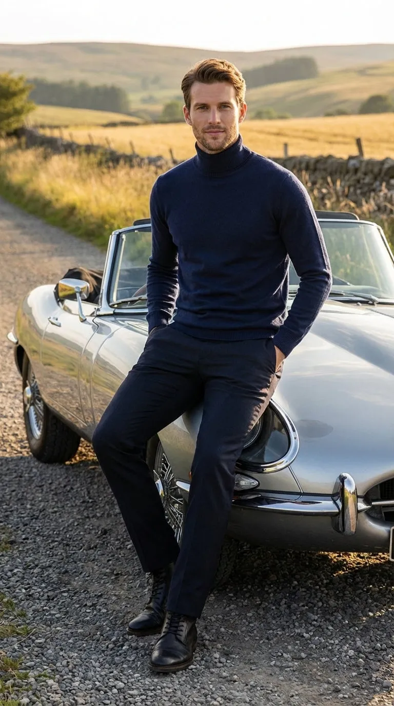 Men’s Navy Blue Turtleneck Sweater Pullover | Cotton Blend Long Sleeve Knit Top for Casual & Smart Wear sold by Alberto Nardoni product image thumbnail 3