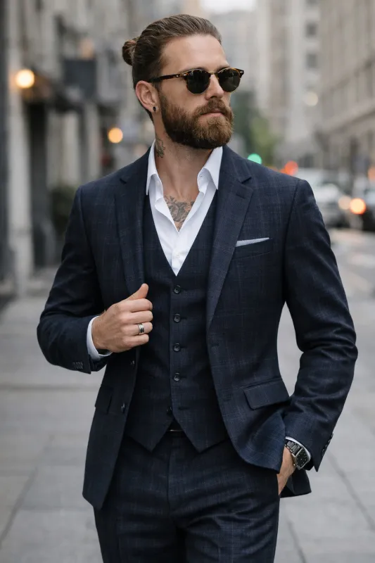 Mens Ultra Slim Fit Vested Suit - Plaid Windowpane Pattern Three Piece Suit in Navy Checker made by Alberto Nardoni