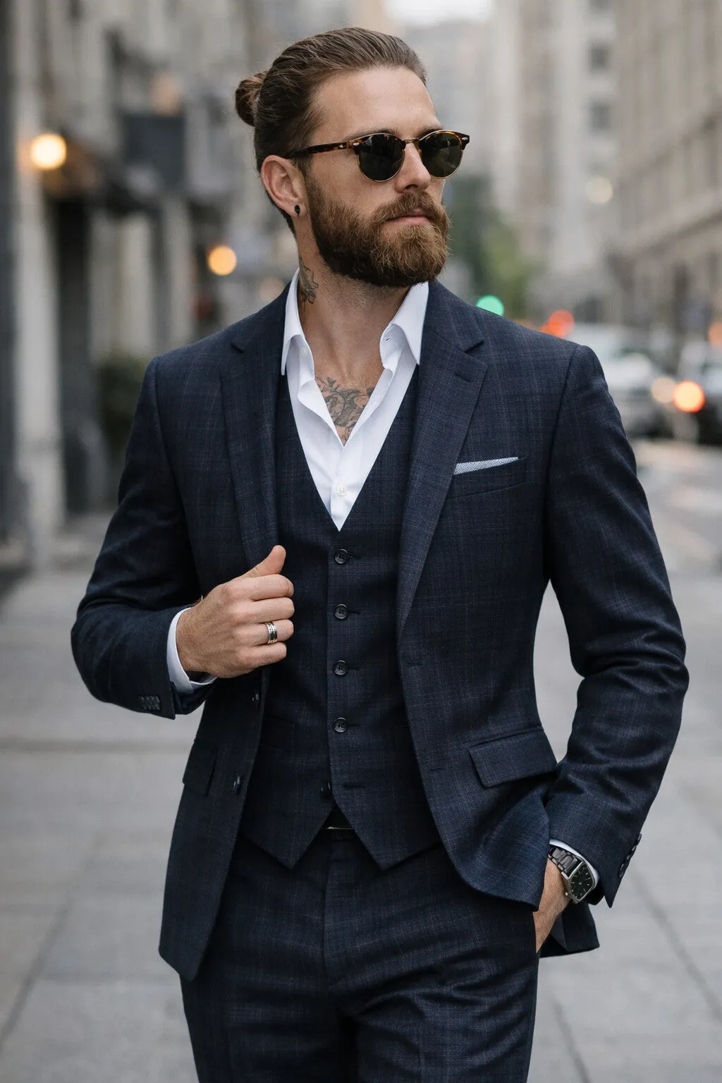 Mens Ultra Slim Fit Vested Suit - Plaid Windowpane Pattern Three Piece Suit in Navy Checker sold by Alberto Nardoni