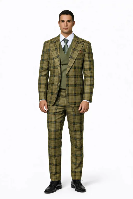 Statement Men’s 3-Piece Plaid Wool Suit – 100% Wool Modern Fit with Wide Peak Lapel made by Alberto Nardoni