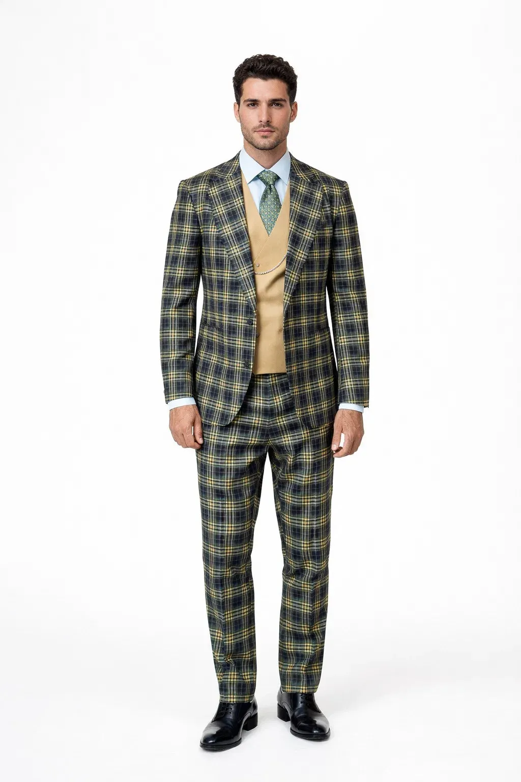 Statement Men’s 3-Piece Plaid Wool Suit – 100% Wool Modern Fit with Wide Peak Lapel sold by Alberto Nardoni product image thumbnail 5