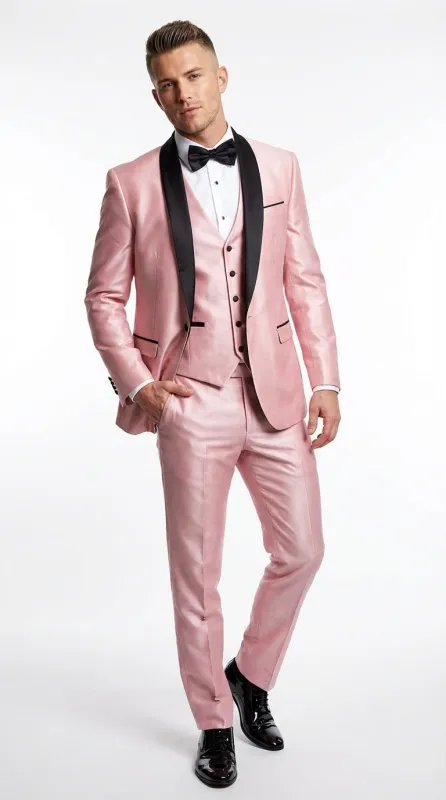 Men’s Blush Pink Shiny 3 Piece Suit with Black Shawl Lapel | Light Pink Prom Suit Sharkskin Fabric - Ultra Slim Fit sold by Alberto Nardoni