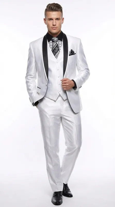 Men’s White Shiny Flashy Fabric Tuxedo Suit with Black Shawl Lapel | Luxury Formal Wedding and Evening Suit Sharkskin Metallic Fabric sold by Alberto Nardoni
