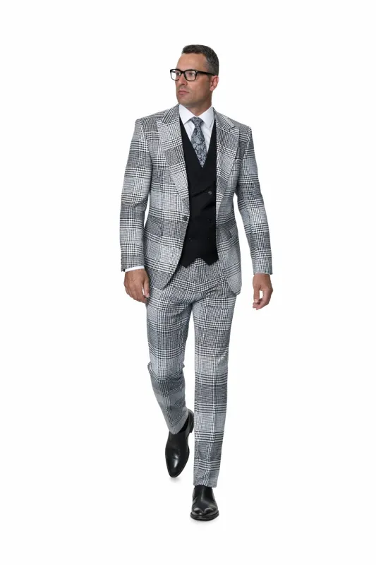 Statement Men’s 3-Piece Plaid Wool Suit – 100% Wool Modern Fit with Peak Lapel made by Alberto Nardoni