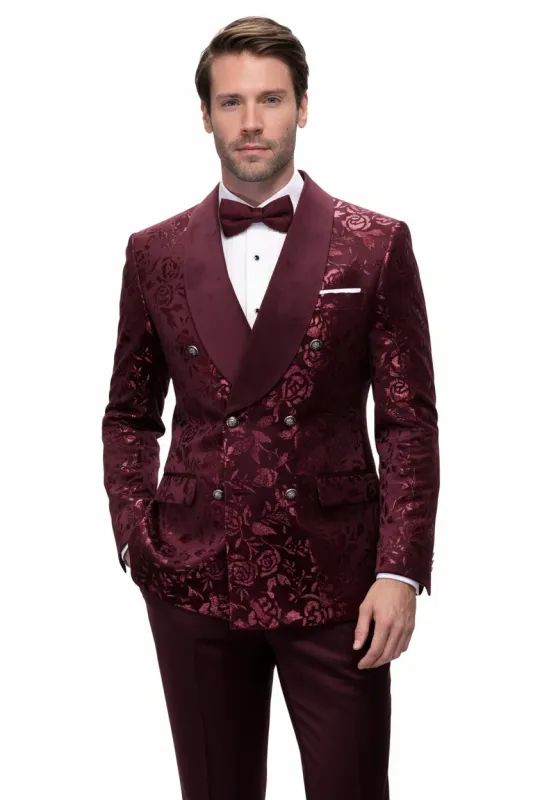 Men’s Burgundy Floral Jacquard Tuxedo Dinner Jacket – Paisley Velvet Lapel Formal Wear for Weddings and Prom made by Alberto Nardoni