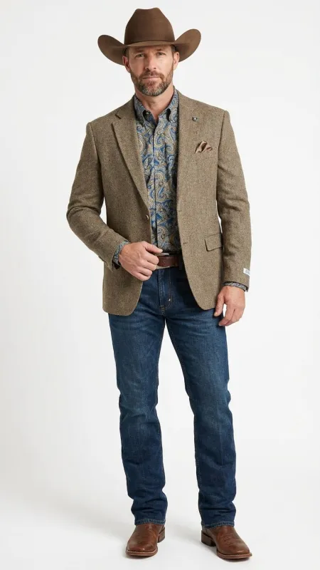 Men’s Brown Taupe Western Blazer Jacket – Classic Cowboy Style Sport Coat for Wedding made by Alberto Nardoni