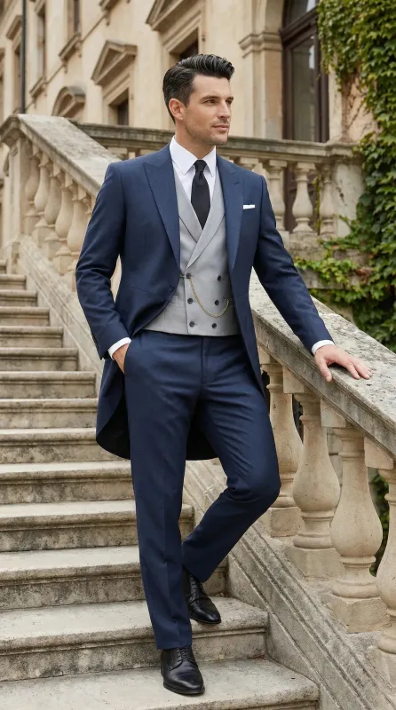 Men’s Navy Blue Three Piece Formal Suit – Cutaway Tuxedo Blazer Trousers for Wedding Tailcoat sold by Alberto Nardoni