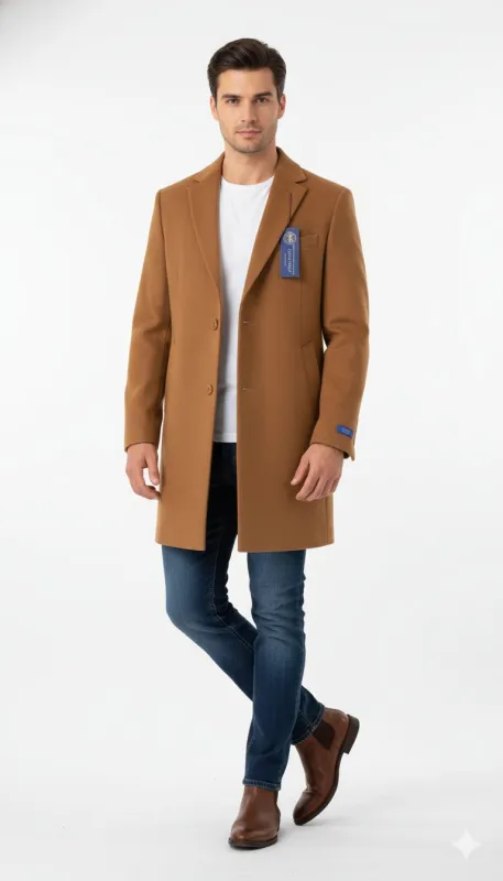 Men’s Camel Brown Wool Top Coat – Classic Long Overcoat for Formal and Casual Wear in rust copper made by Alberto Nardoni