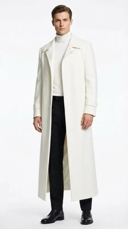 Mens Off-White Long Trench Coat – Overcoat with Classic Clean Design Duster Maxi Coat in Ivory Color sold by Alberto Nardoni
