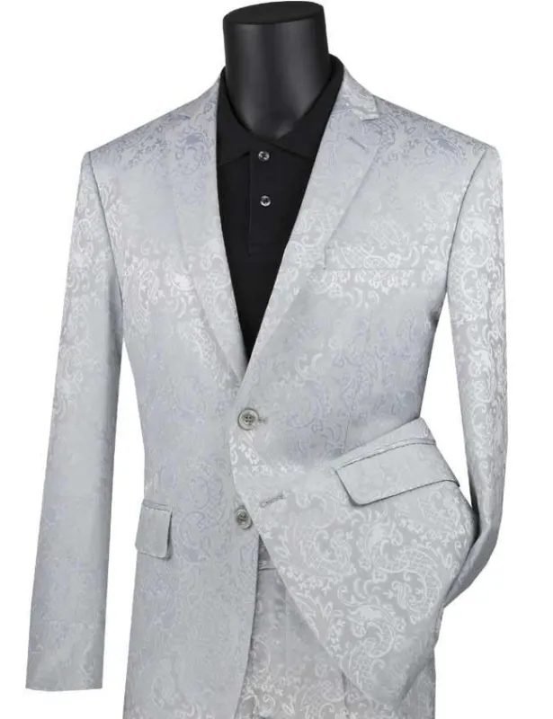 Mens Paisley Pattern Suit in Silver – Slim Fit Formal 2-Piece Set sold by Alberto Nardoni