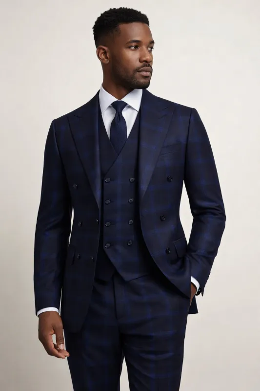 Blue Plaid Double Breasted Slim Fit Suit - Vested 3 Pieces Indigo Sapphire Color Windowpane made by Alberto Nardoni