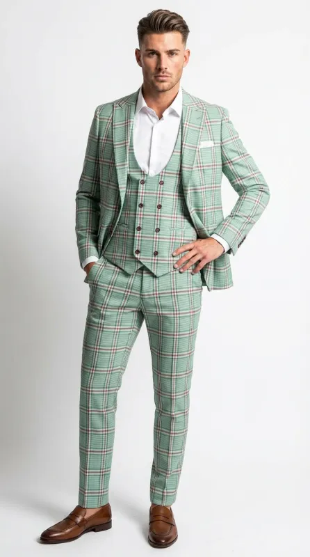 Mint Green Plaid Three Piece Suit for Men | Classic Checkered Formal Suit with Jacket Vest and Pants By Rossiman sold by Alberto Nardoni