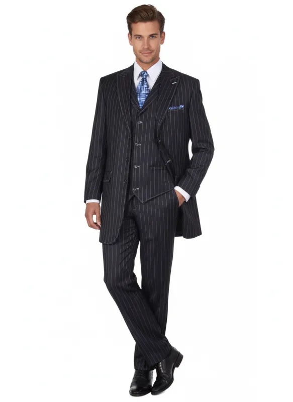 Mens Three Button Suits -  Navy Blue Pinstripe Three-Piece Suit - Classic Business and Formal Wear with Tailored Fit sold by Alberto Nardoni