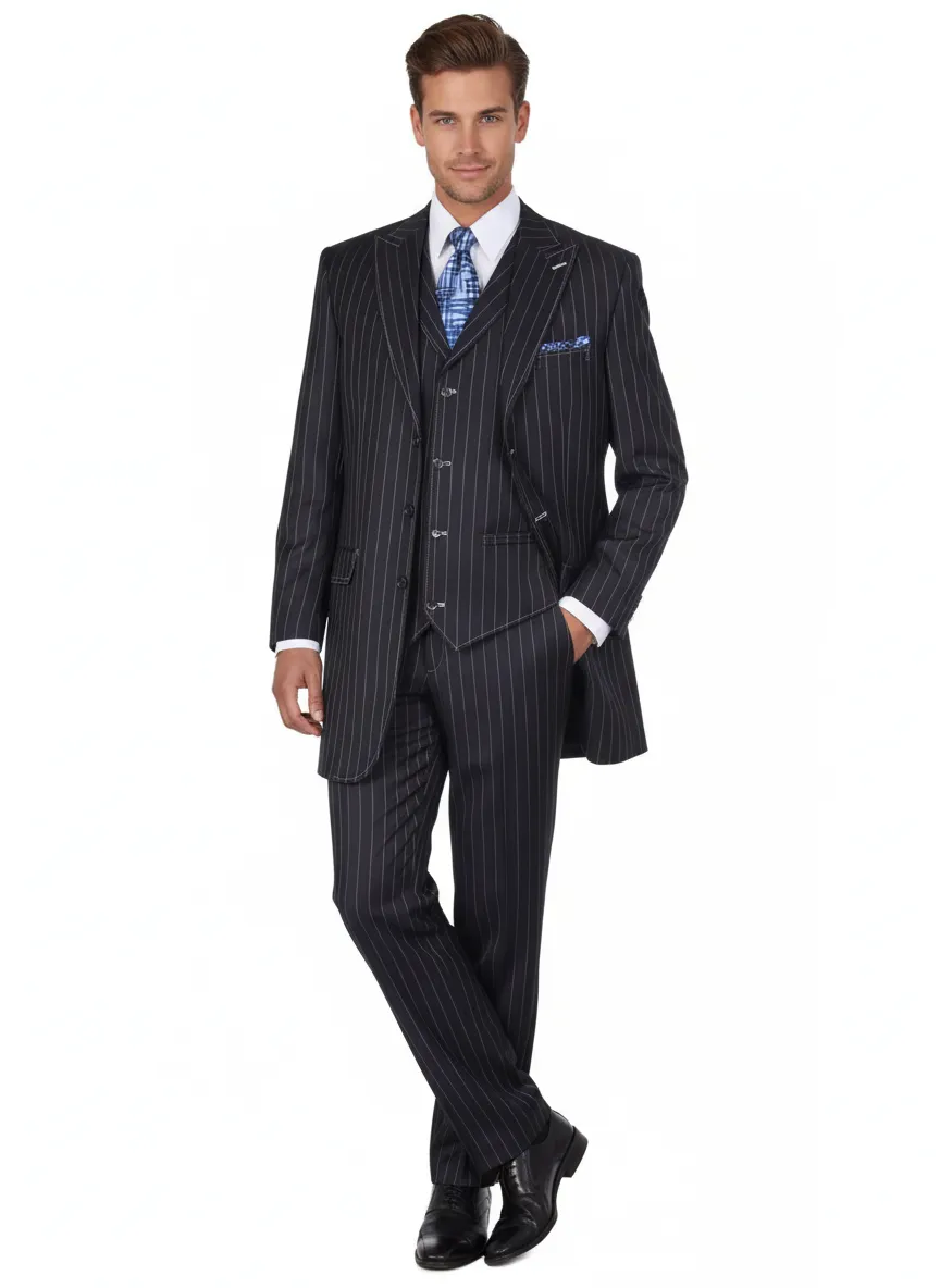 Mens Three Button Suits - Navy Blue Pinstripe Three-Piece Suit - Classic Business and Formal Wear with Tailored Fit sold by Alberto Nardoni
