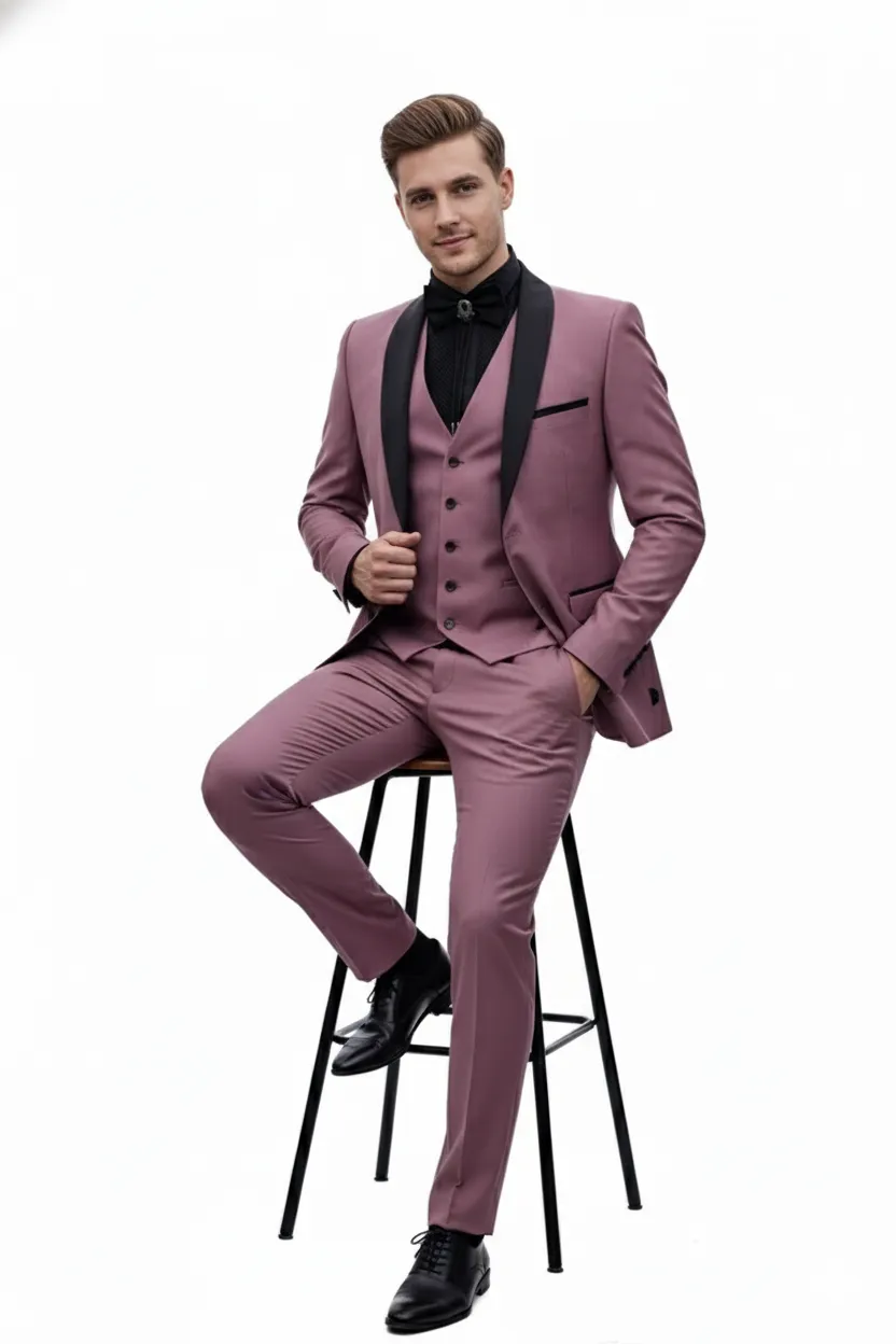 Men's Rose Pink Tuxedo Suit – Luxury Three-Piece Formal Wear with Black Satin Lapel Dusty Mauve Color sold by Alberto Nardoni product image thumbnail 4
