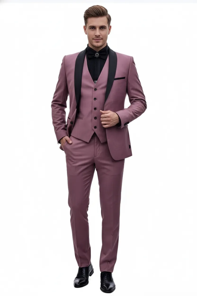 Men's Rose Pink Tuxedo Suit – Luxury Three-Piece Formal Wear with Black Satin Lapel Dusty Mauve Color sold by Alberto Nardoni