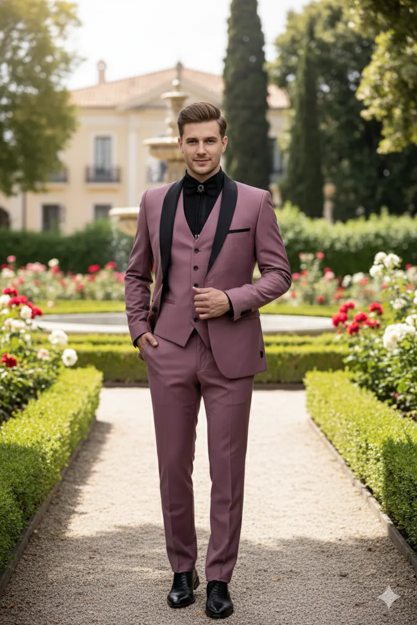 Men's Rose Pink Tuxedo Suit – Luxury Three-Piece Formal Wear with Black Satin Lapel Dusty Mauve Color sold by Alberto Nardoni product image thumbnail 5