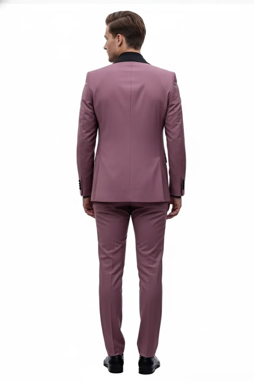 Men's Rose Pink Tuxedo Suit – Luxury Three-Piece Formal Wear with Black Satin Lapel Dusty Mauve Color sold by Alberto Nardoni product image thumbnail 2