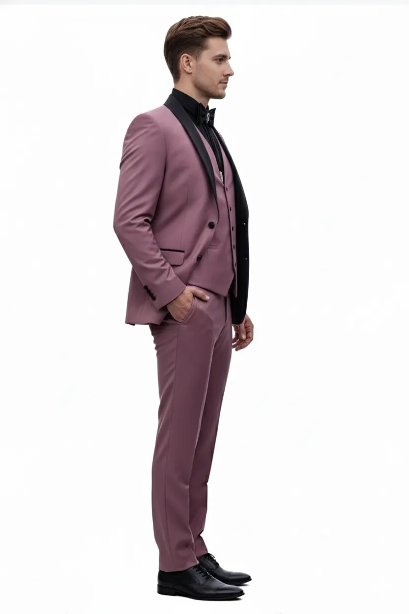 Men's Rose Pink Tuxedo Suit – Luxury Three-Piece Formal Wear with Black Satin Lapel Dusty Mauve Color sold by Alberto Nardoni product image thumbnail 3
