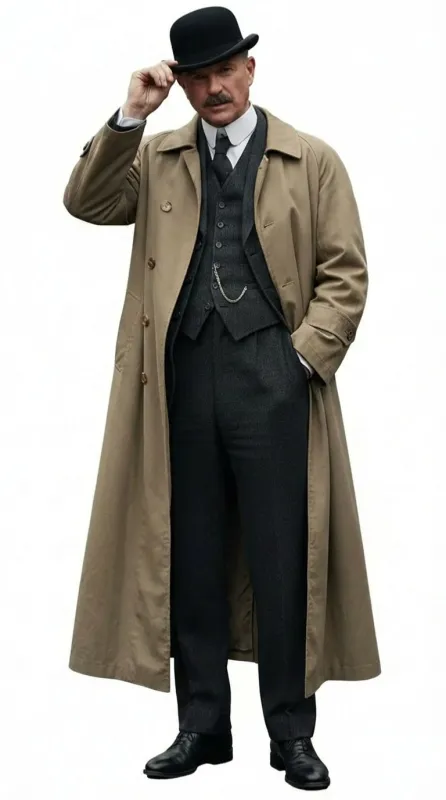 Men’s Beige Cotton Trench Coat Suit Package – Classic Long Overcoat for Formal + Suit + Hat sold by Alberto Nardoni