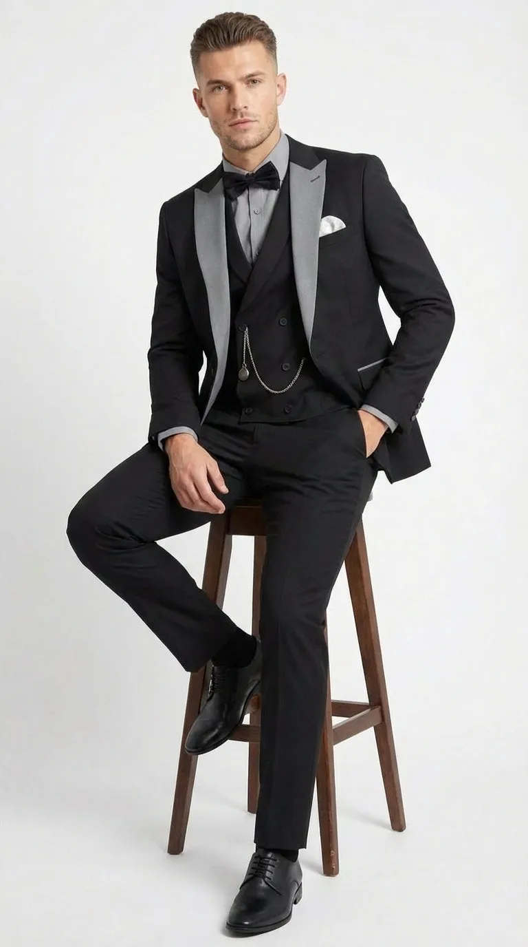 Men’s Black And White Lapel 3 Piece Tuxedo Suit with Silver Gray Satin Lapel | Formal Wedding Prom Suit Set sold by Alberto Nardoni product image thumbnail 5