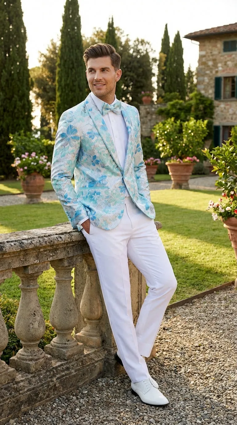 Men’s Light Blue Floral Jacquard Tuxedo Jacket with Matching Bow Tie | Formal Prom Wedding Blazer + Bowtie Turqoise Aqua Color sold by Alberto Nardoni product image thumbnail 4