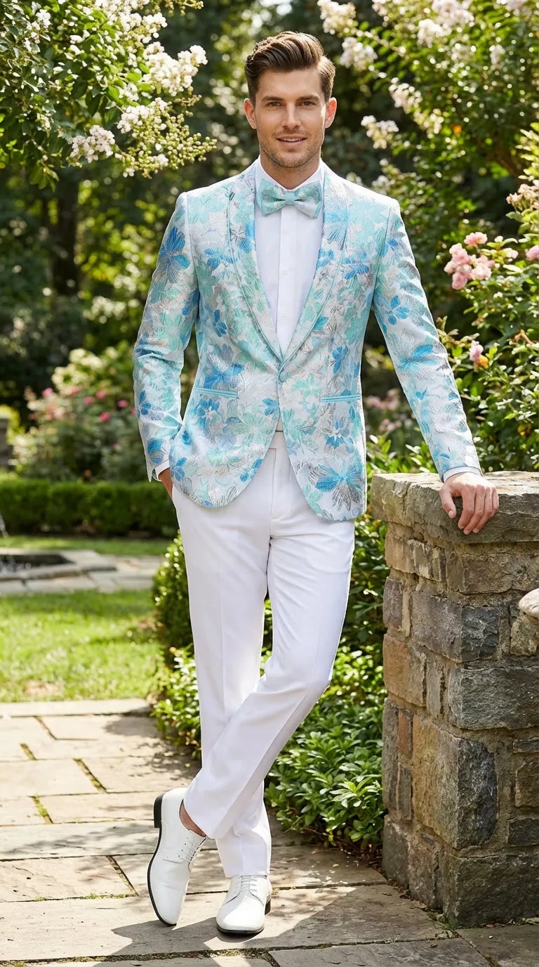 Men’s Light Blue Floral Jacquard Tuxedo Jacket with Matching Bow Tie | Formal Prom Wedding Blazer + Bowtie Turqoise Aqua Color sold by Alberto Nardoni product image thumbnail 5