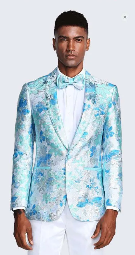 Men’s Light Blue Floral Jacquard Tuxedo Jacket with Matching Bow Tie | Formal Prom Wedding Blazer + Bowtie Turqoise Aqua Color sold by Alberto Nardoni