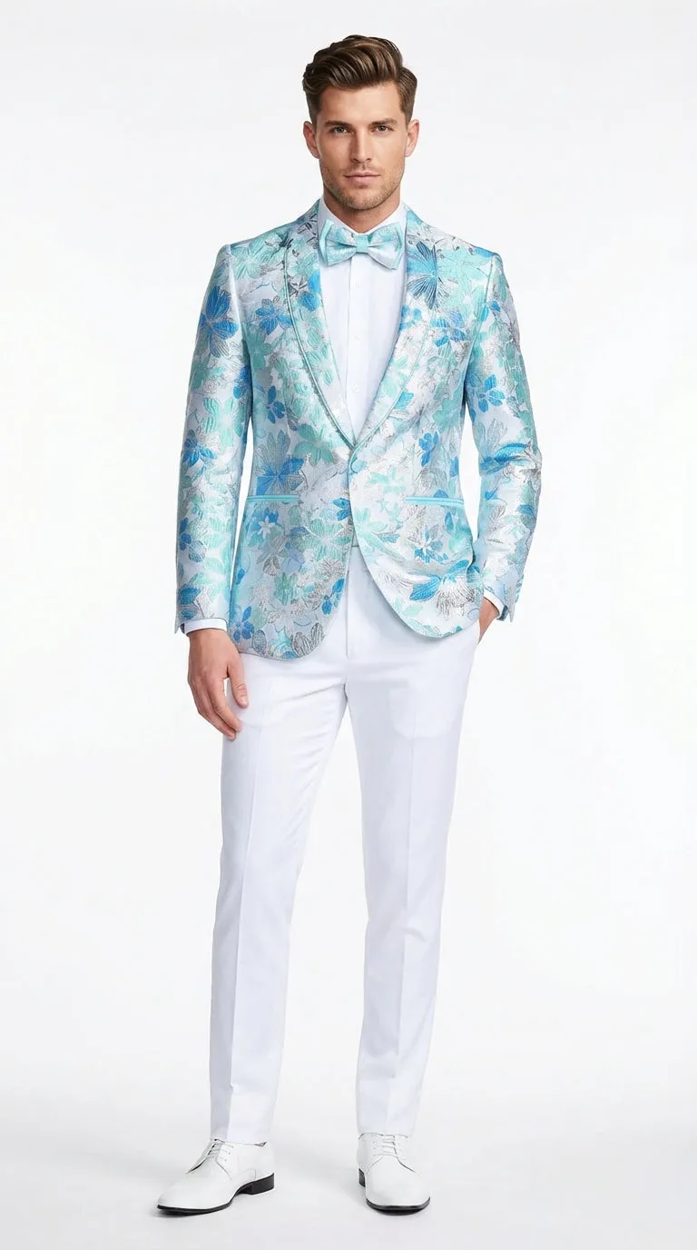 Men’s Light Blue Floral Jacquard Tuxedo Jacket with Matching Bow Tie | Formal Prom Wedding Blazer + Bowtie Turqoise Aqua Color sold by Alberto Nardoni product image thumbnail 2