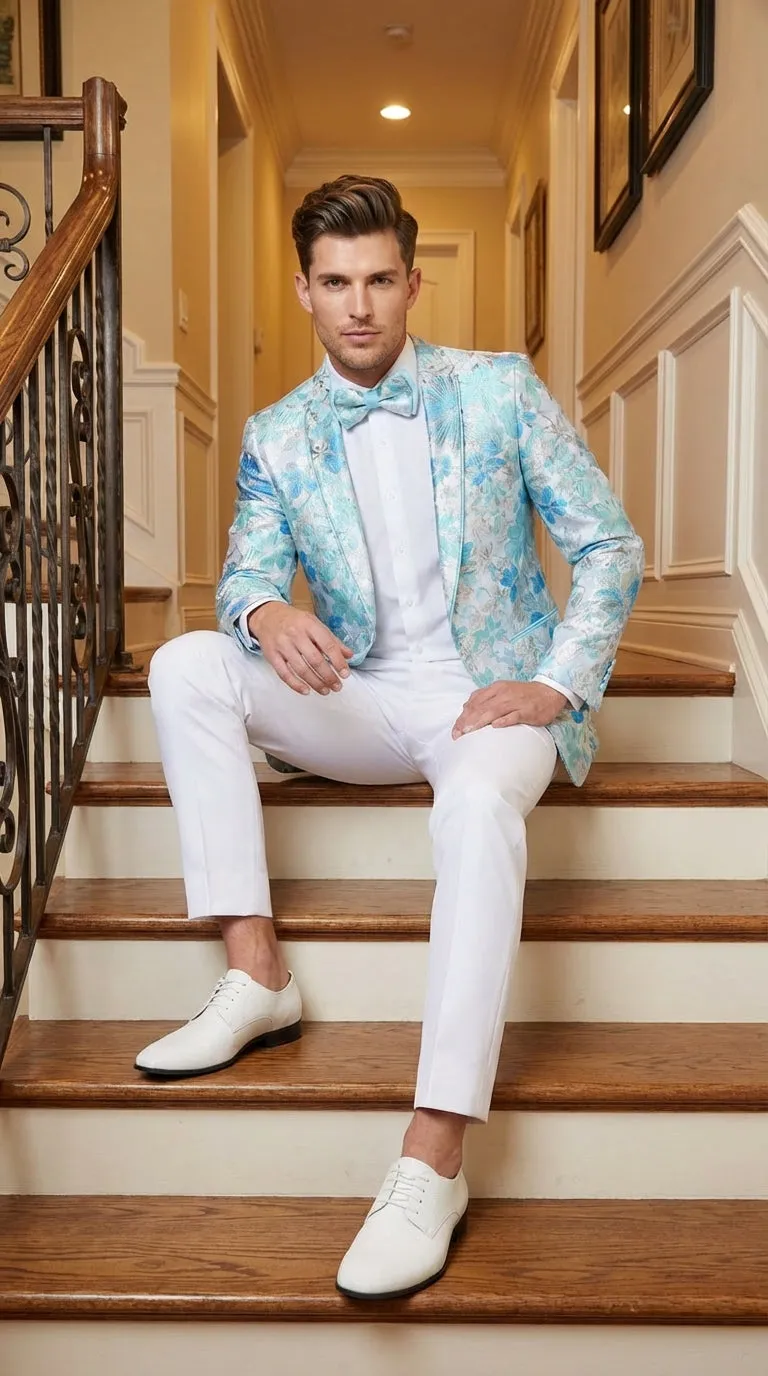 Men’s Light Blue Floral Jacquard Tuxedo Jacket with Matching Bow Tie | Formal Prom Wedding Blazer + Bowtie Turqoise Aqua Color sold by Alberto Nardoni product image thumbnail 3
