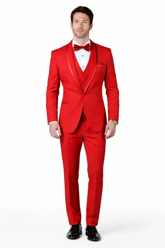 Classic Red Shawl Lapel Tuxedo for Men | 1-Button 4-Piece Suit made by Alberto Nardoni