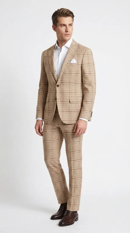 Beige Tan Plaid windowpane Two Piece Suit for Men | Classic Checkered Formal Suit with Jacket and Pants by Rossiman sold by Alberto Nardoni