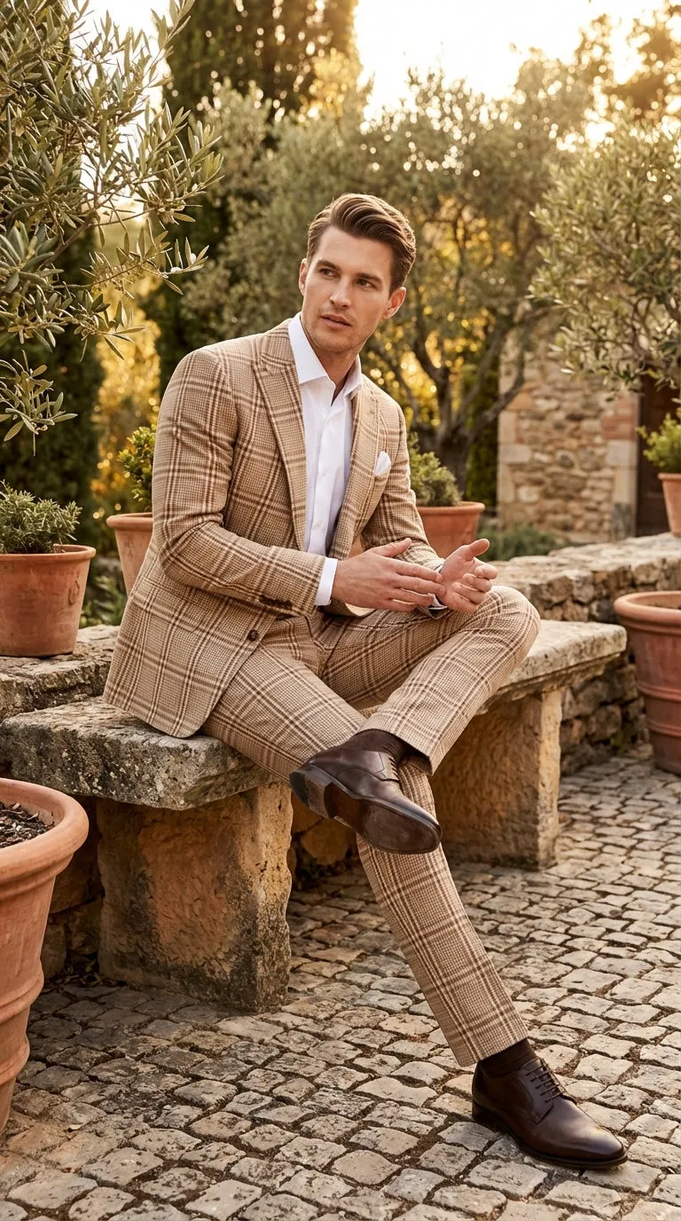 Beige Tan Plaid windowpane Two Piece Suit for Men | Classic Checkered Formal Suit with Jacket and Pants by Rossiman sold by Alberto Nardoni product image thumbnail 5