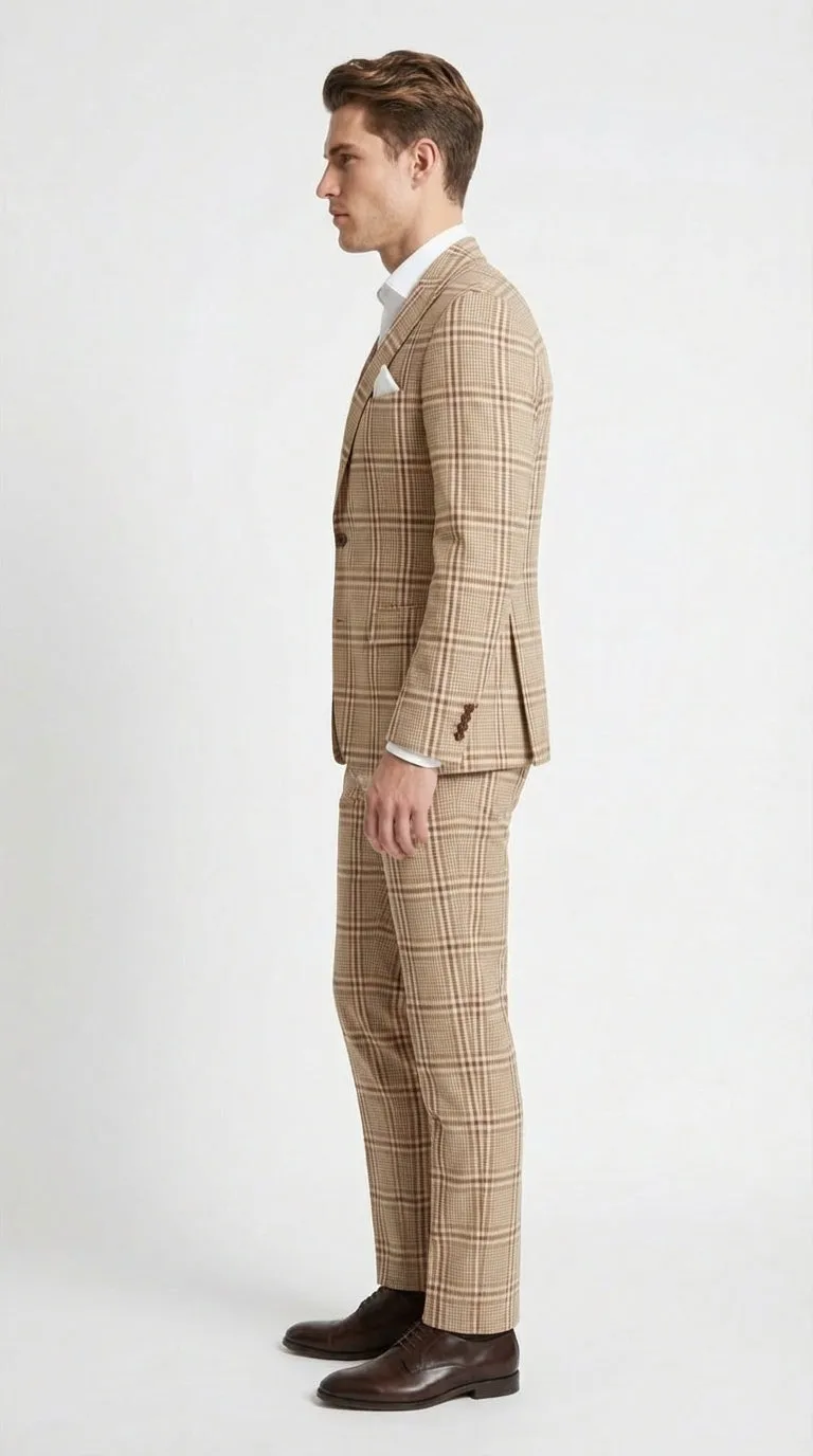 Beige Tan Plaid windowpane Two Piece Suit for Men | Classic Checkered Formal Suit with Jacket and Pants by Rossiman sold by Alberto Nardoni product image thumbnail 3