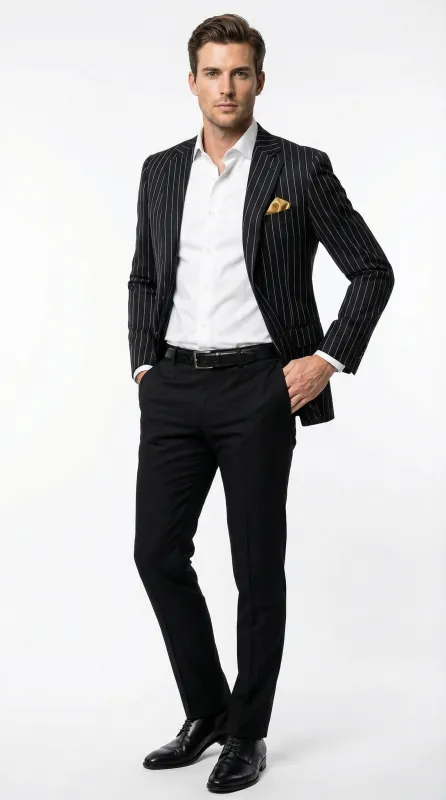 Men’s Black Pinstripe Blazer – Classic Tailored Formal Jacket for Business, Office and Evening Wear sold by Alberto Nardoni