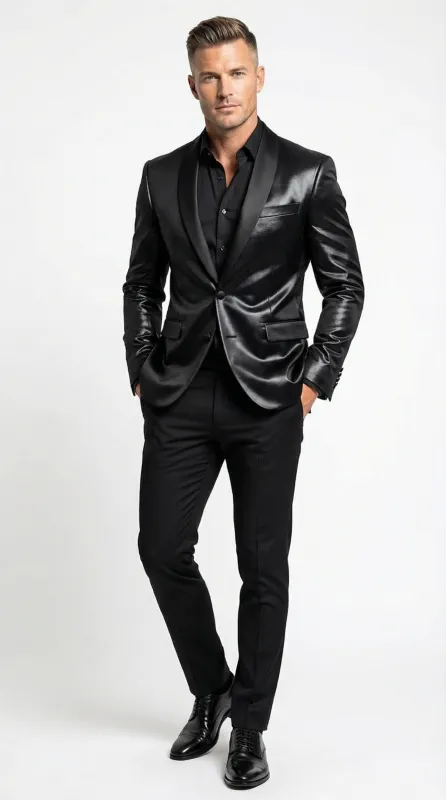 Men’s Shiny Black Tuxedo Blazer – Glossy Formal Jacket for Party Dinner Jacket Shawl Collar sold by Alberto Nardoni