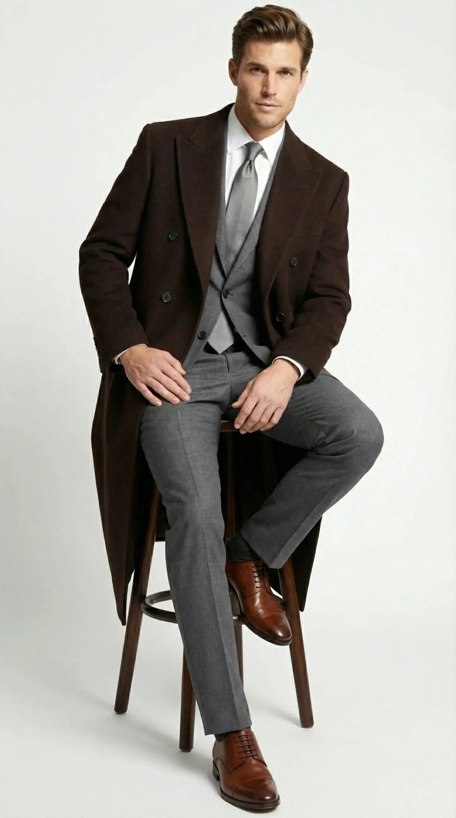 Men’s Brown Long Overcoat – Double Breasted Classic Formal Winter Coat for Business, Topcoat and Cold Weather Wear sold by Alberto Nardoni product image thumbnail 5