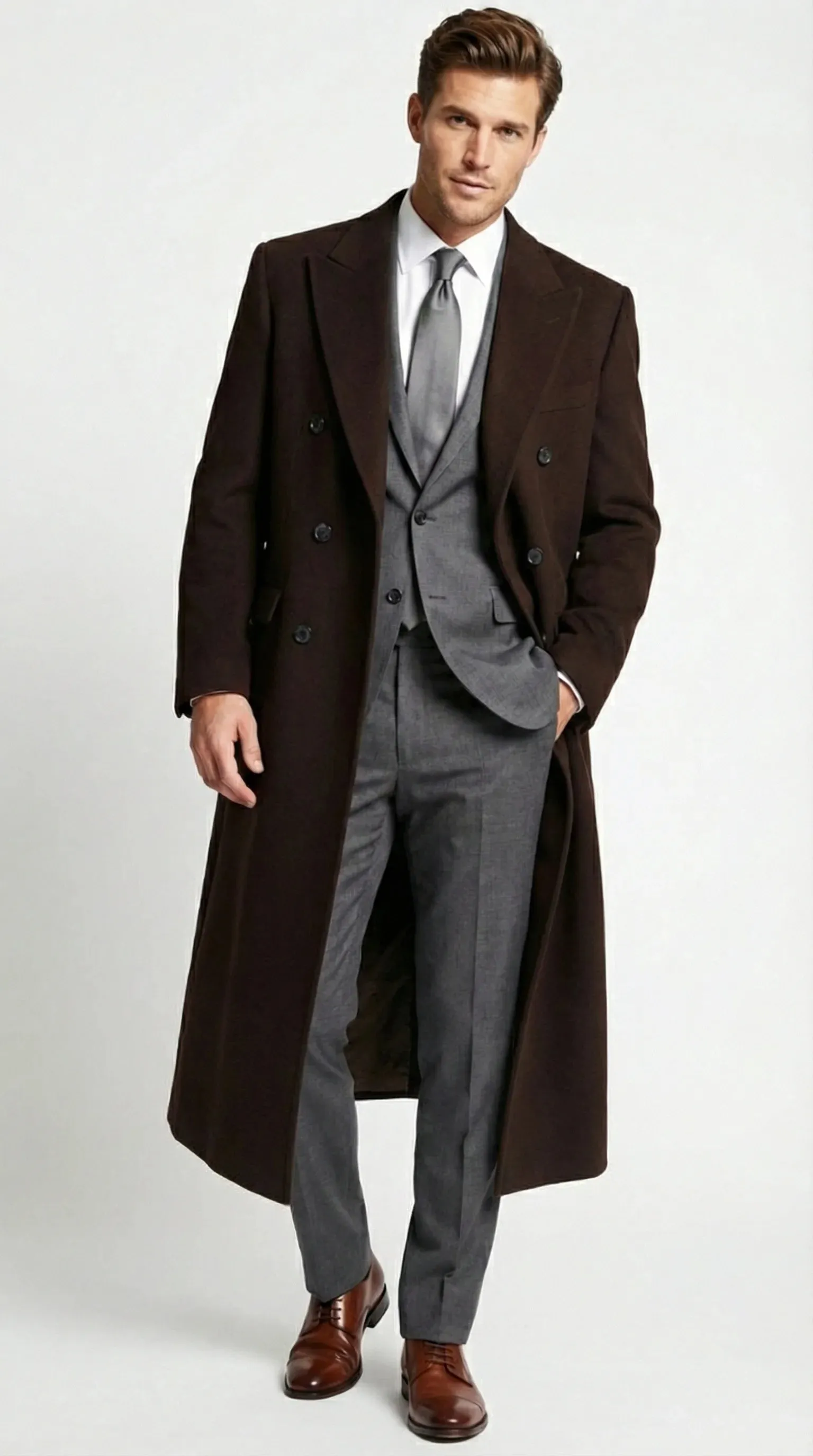 Men’s Brown Long Overcoat – Double Breasted Classic Formal Winter Coat for Business, Topcoat and Cold Weather Wear sold by Alberto Nardoni product image thumbnail 2