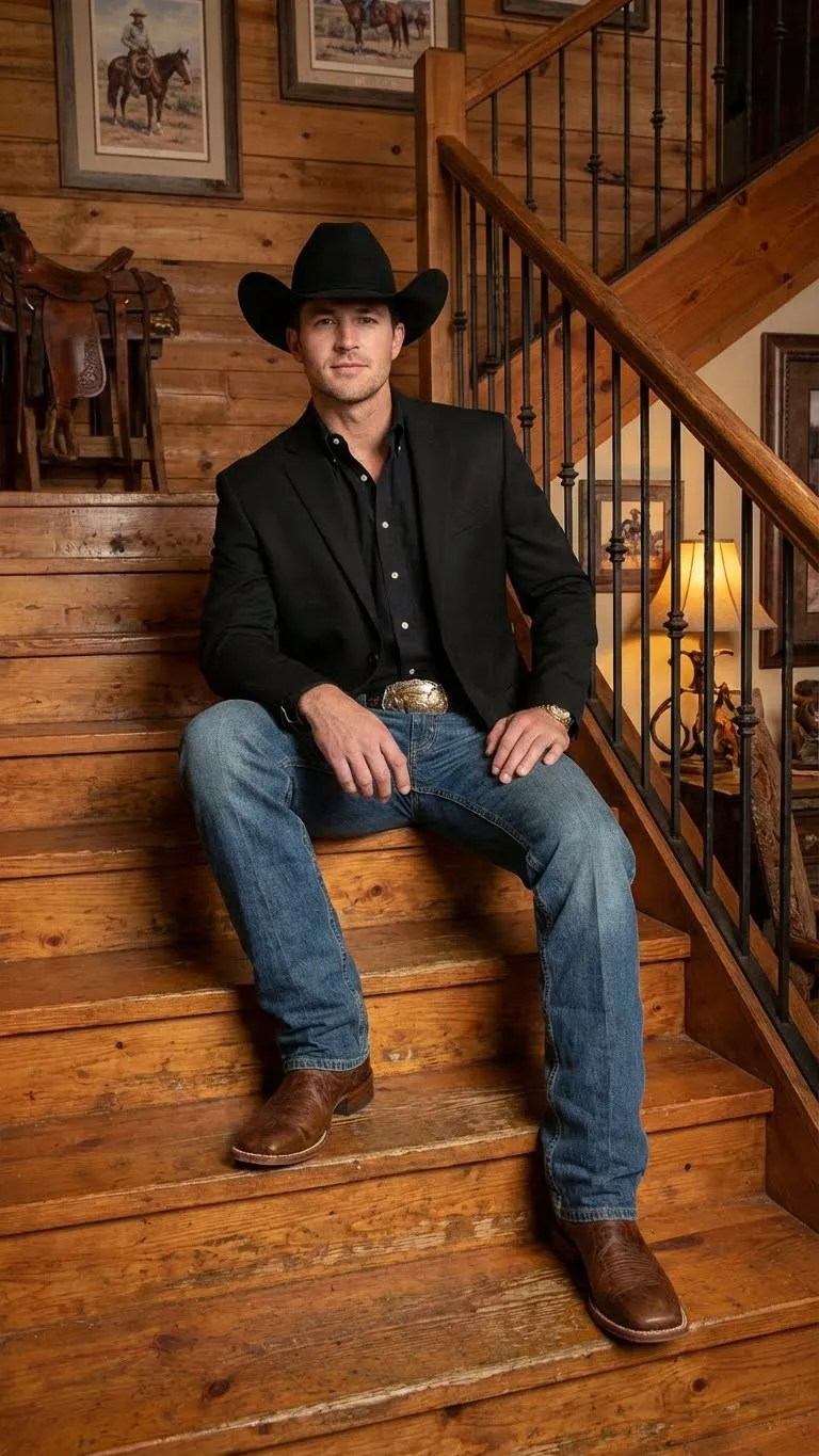 Mens Black Western Blazer Jacket, Classic Cowboy Style Sport Coat for Casual Formal Wear with Jeans sold by Alberto Nardoni product image thumbnail 5