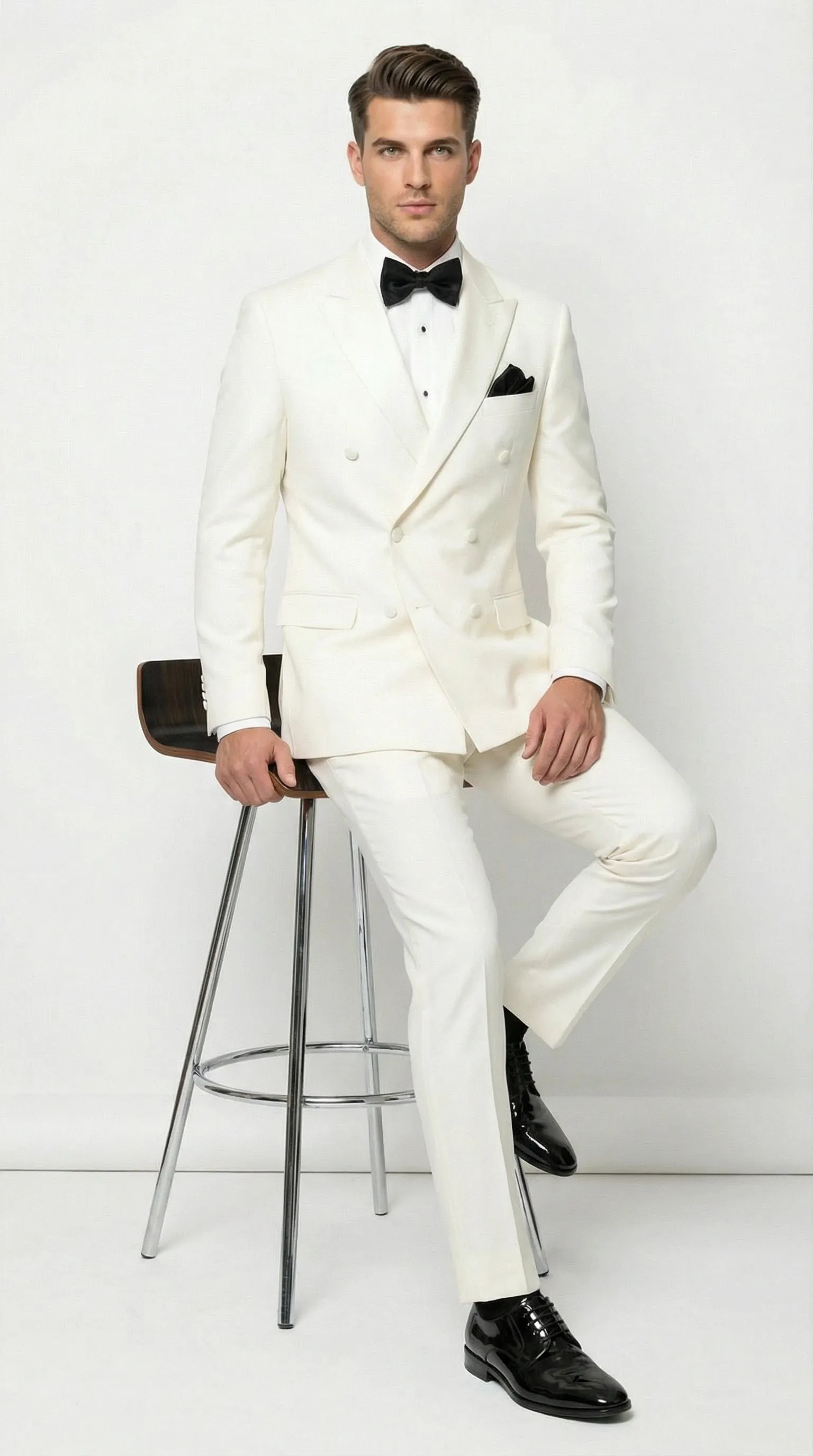 Men’s ivory Cream Double Breasted Suit – Classic Formal Tuxedo Style Suit for Weddings off White Color sold by Alberto Nardoni product image thumbnail 5