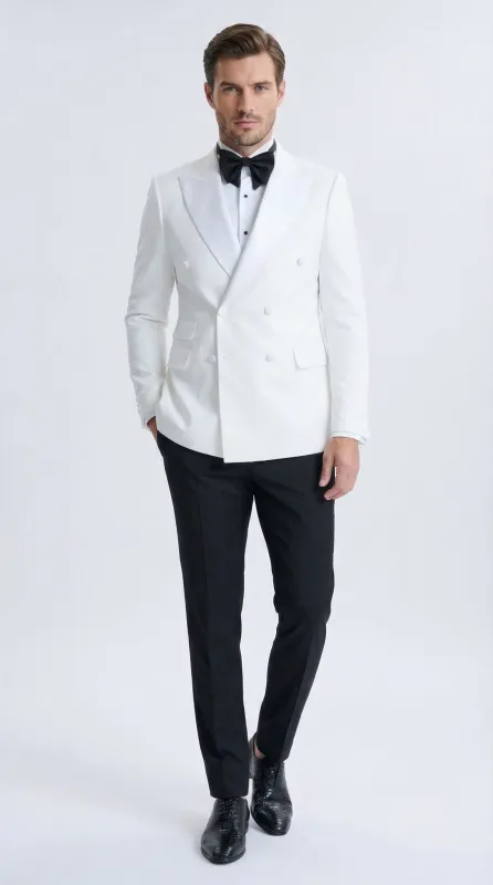 Men’s White Double Breasted Dinner Jacket Blazer with Black Pants – Formal Tuxedo Style Outfit for Weddings made by Alberto Nardoni