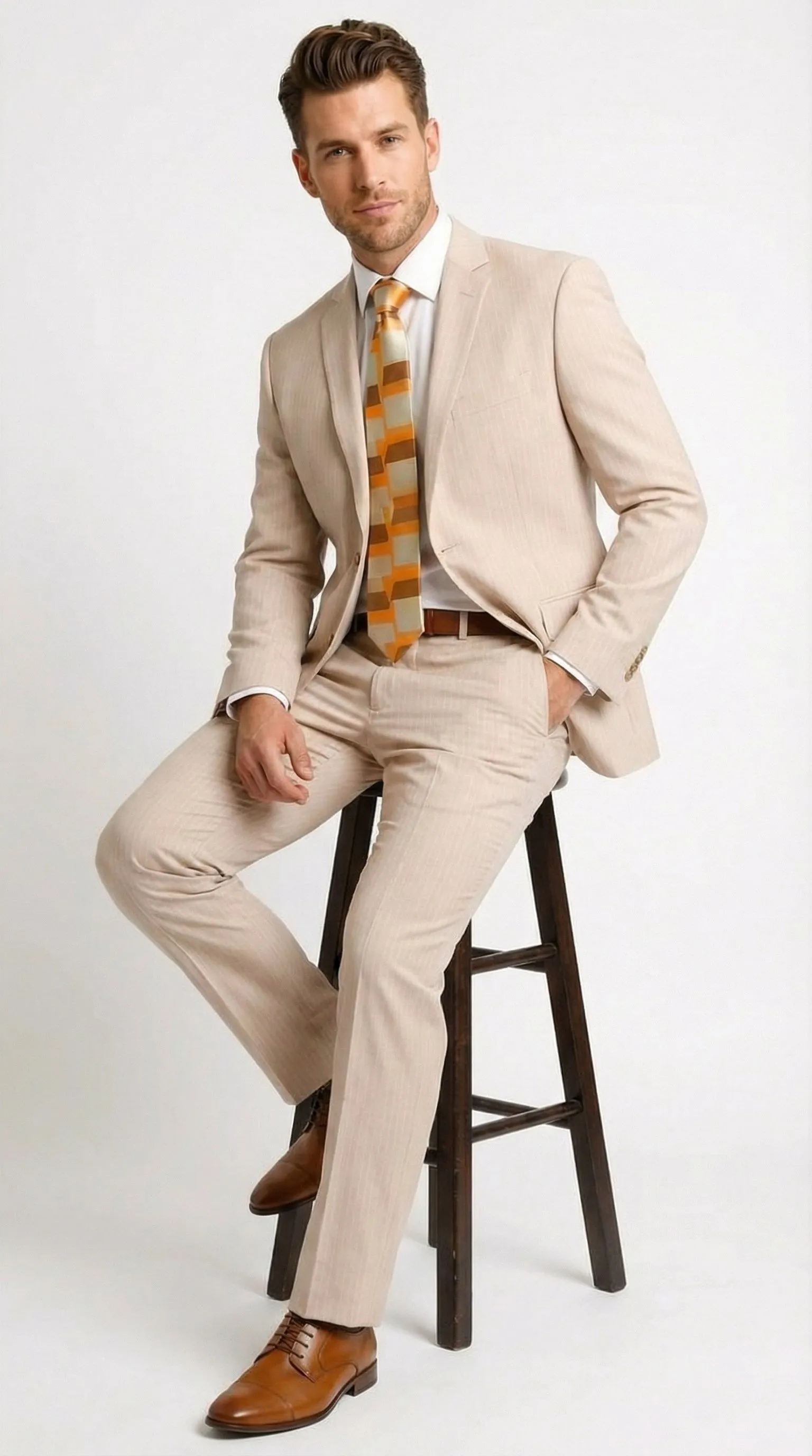 Vitali Men’s Natural Beige Pinstripe Suit – Summer Tan Pinstripe Weddings and Business Wear sold by Alberto Nardoni product image thumbnail 4